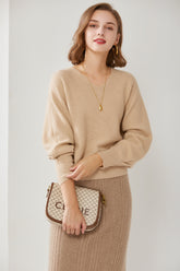 V-Neck Double Stitch Lantern Sleeve Pullover
