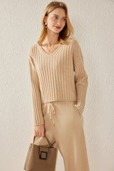 V-neck Striped Cashmere Pullover Sweater