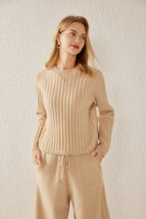 Round Neck Off-shoulder Drawstring Cashmere Sweater