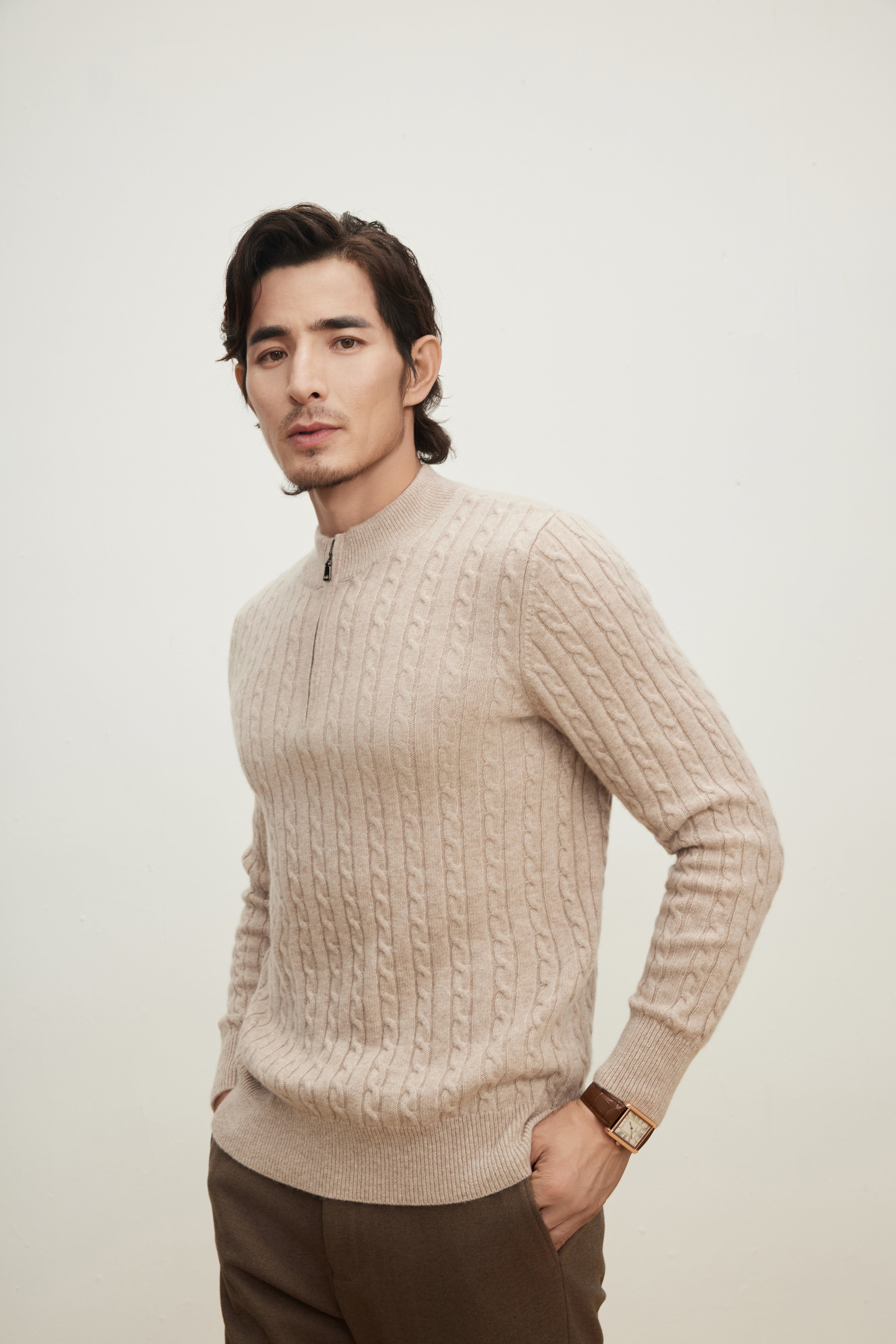 Half Turtleneck Thickened Zipper Cable Pullover