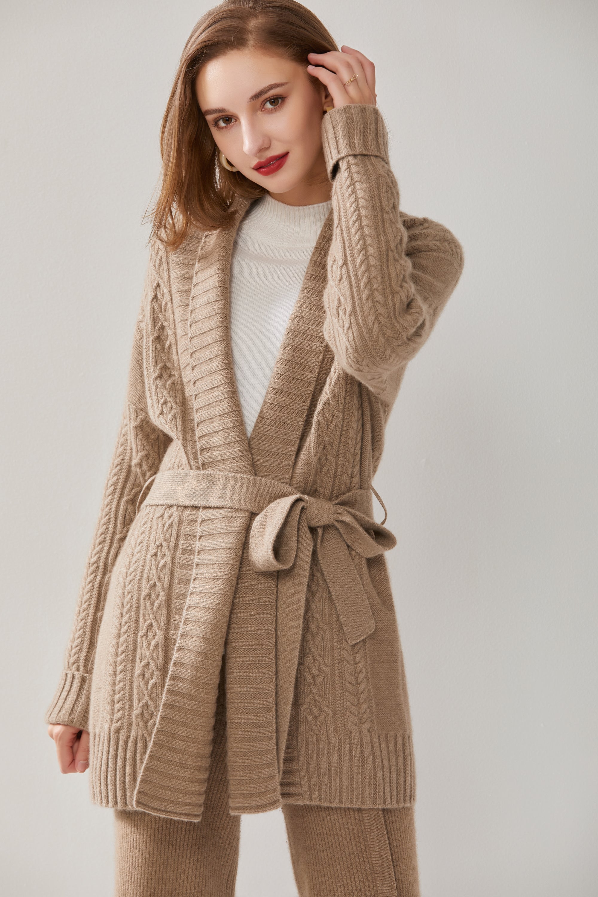 V-neck Cable Knit Long Cardigan For Women