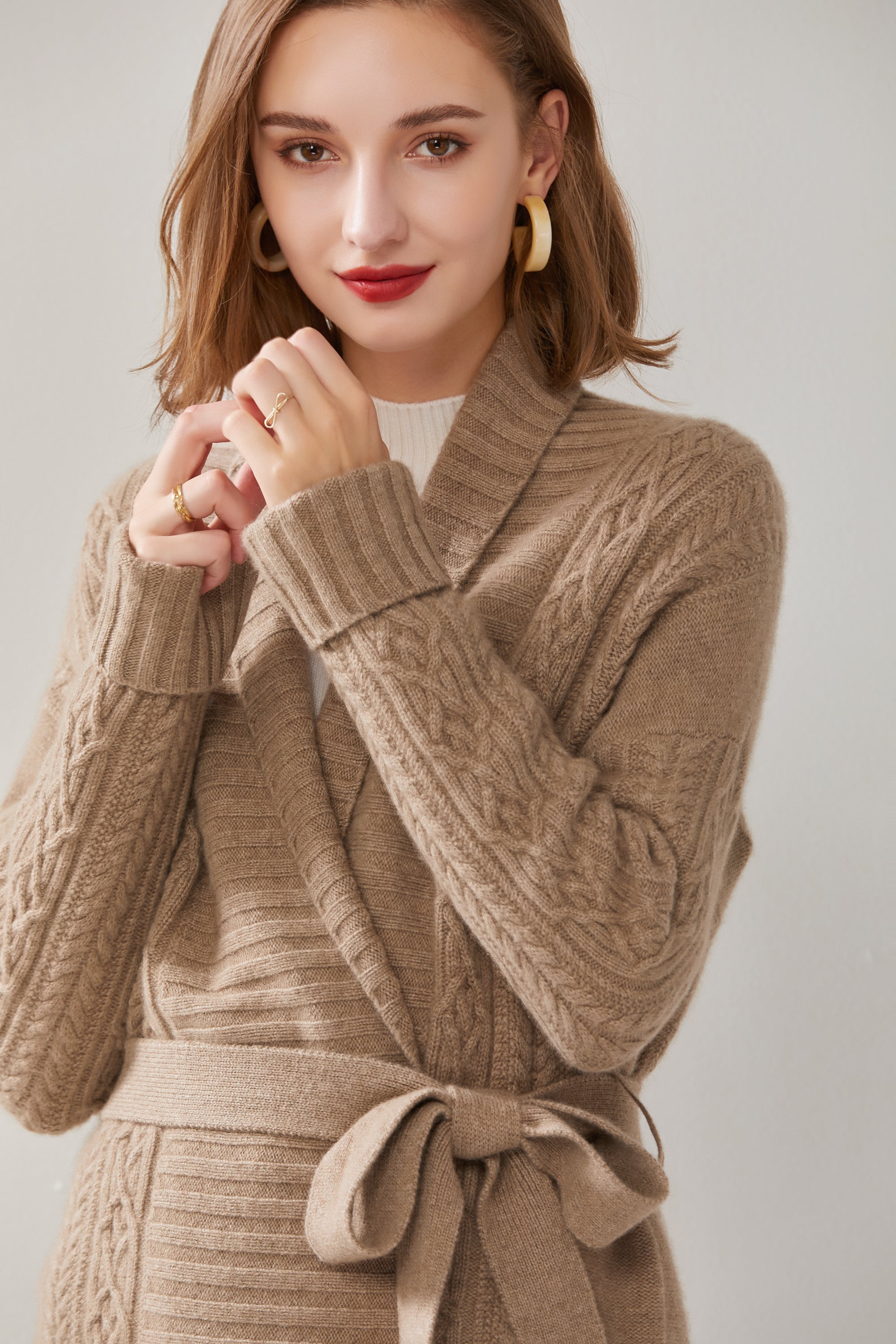 V-neck Cable Knit Long Cardigan For Women