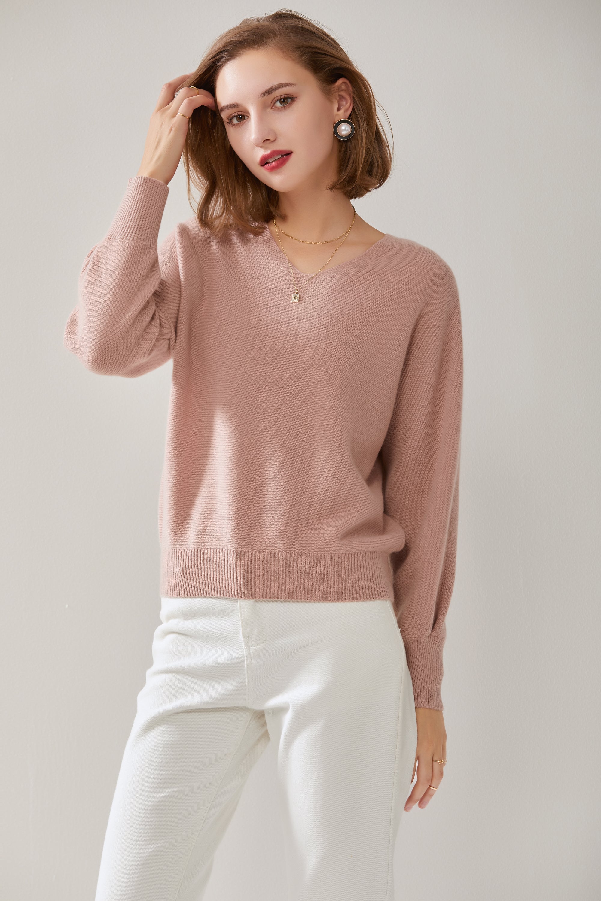 V-Neck Double Stitch Lantern Sleeve Pullover
