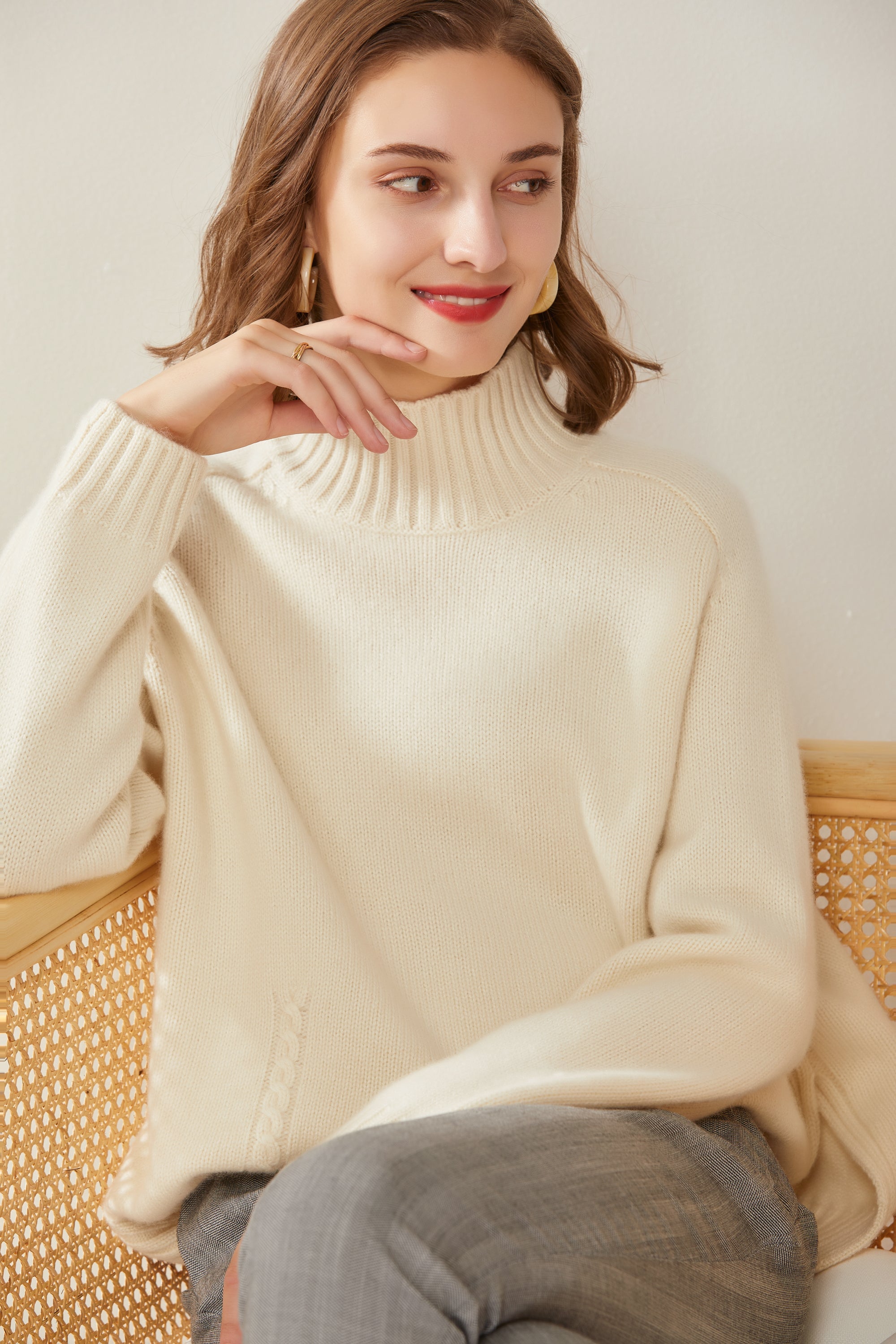 Mock Neck Twisted Flower Pullover Cashmere Sweater