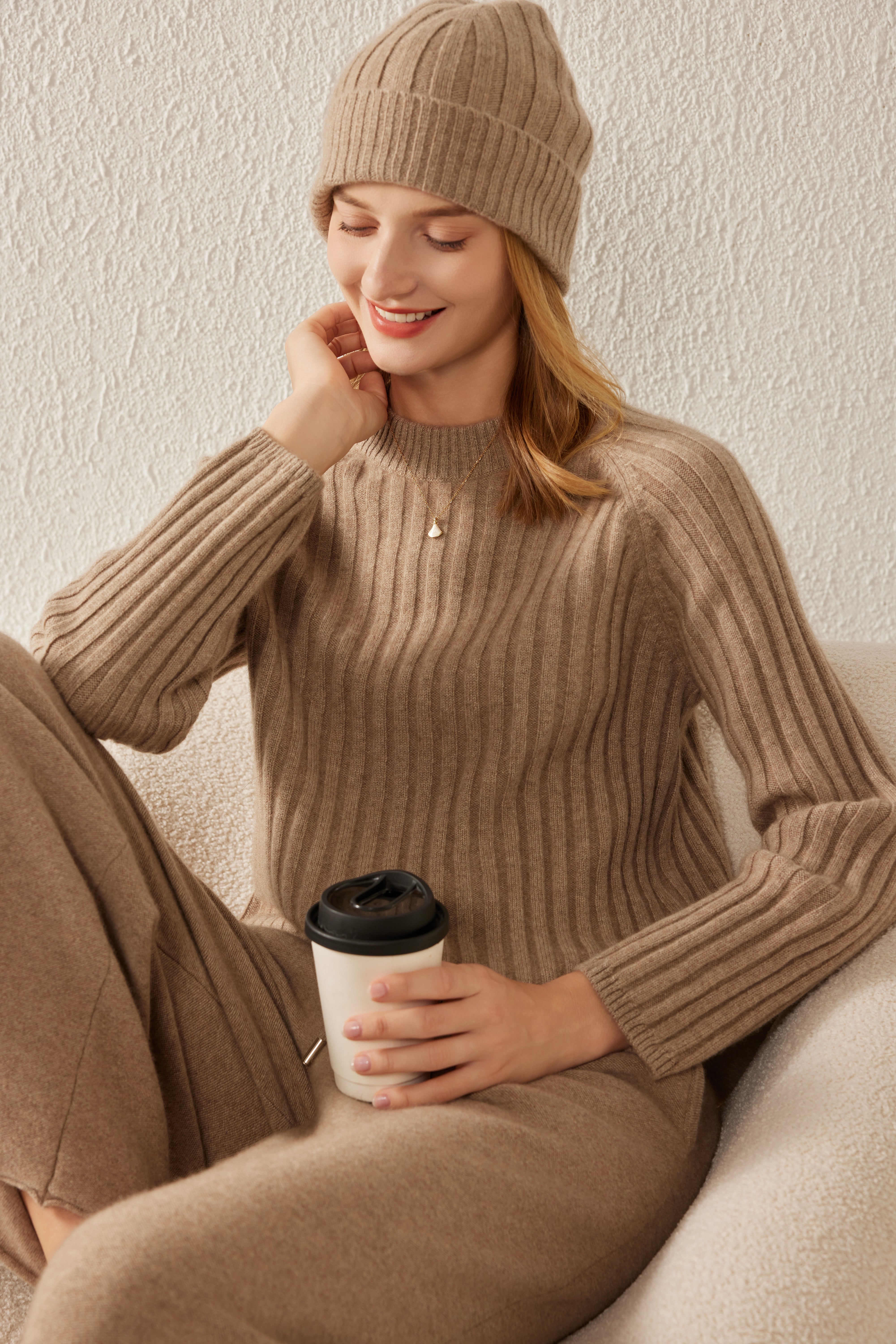Round Neck Off-shoulder Drawstring Cashmere Sweater