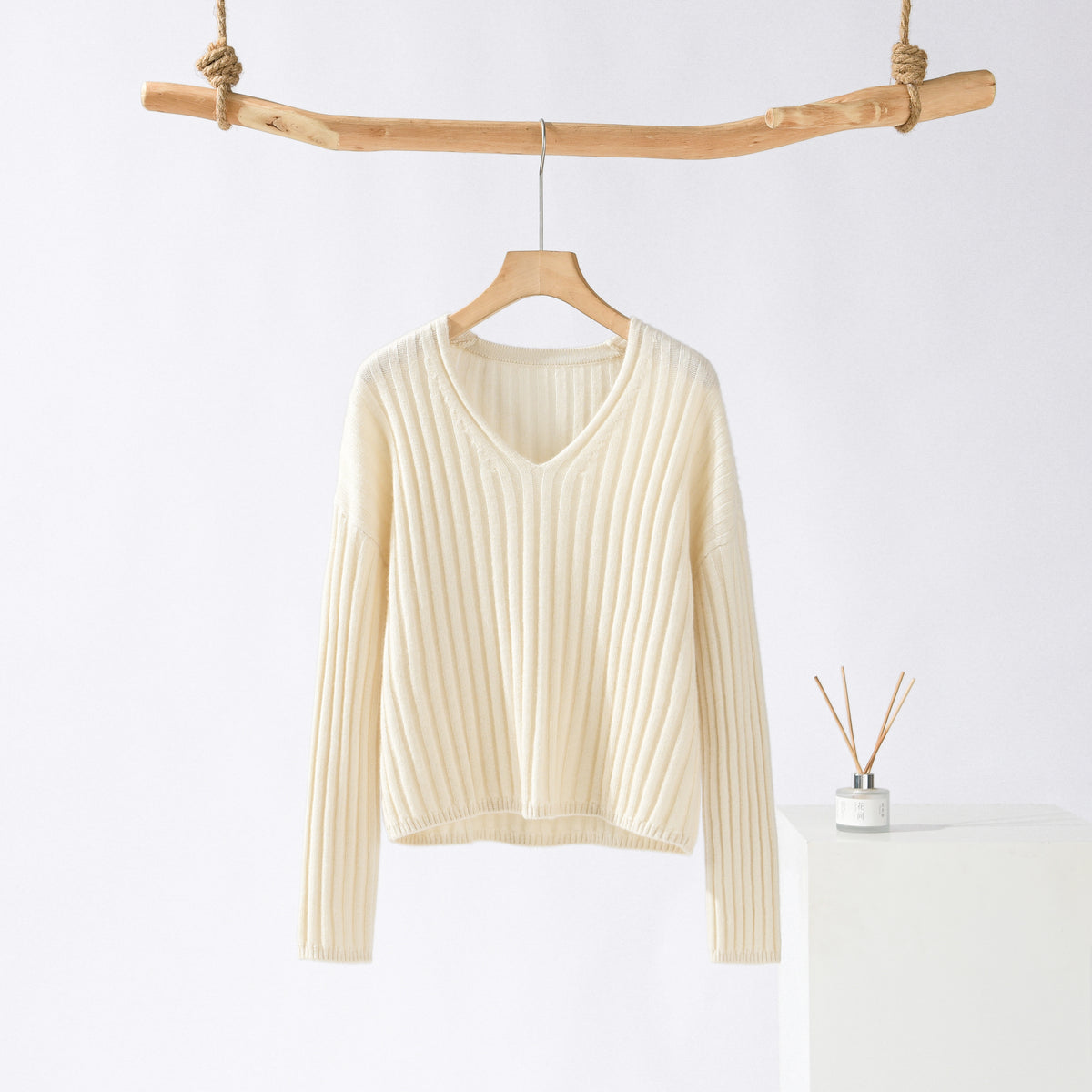V-neck Striped Cashmere Pullover Sweater