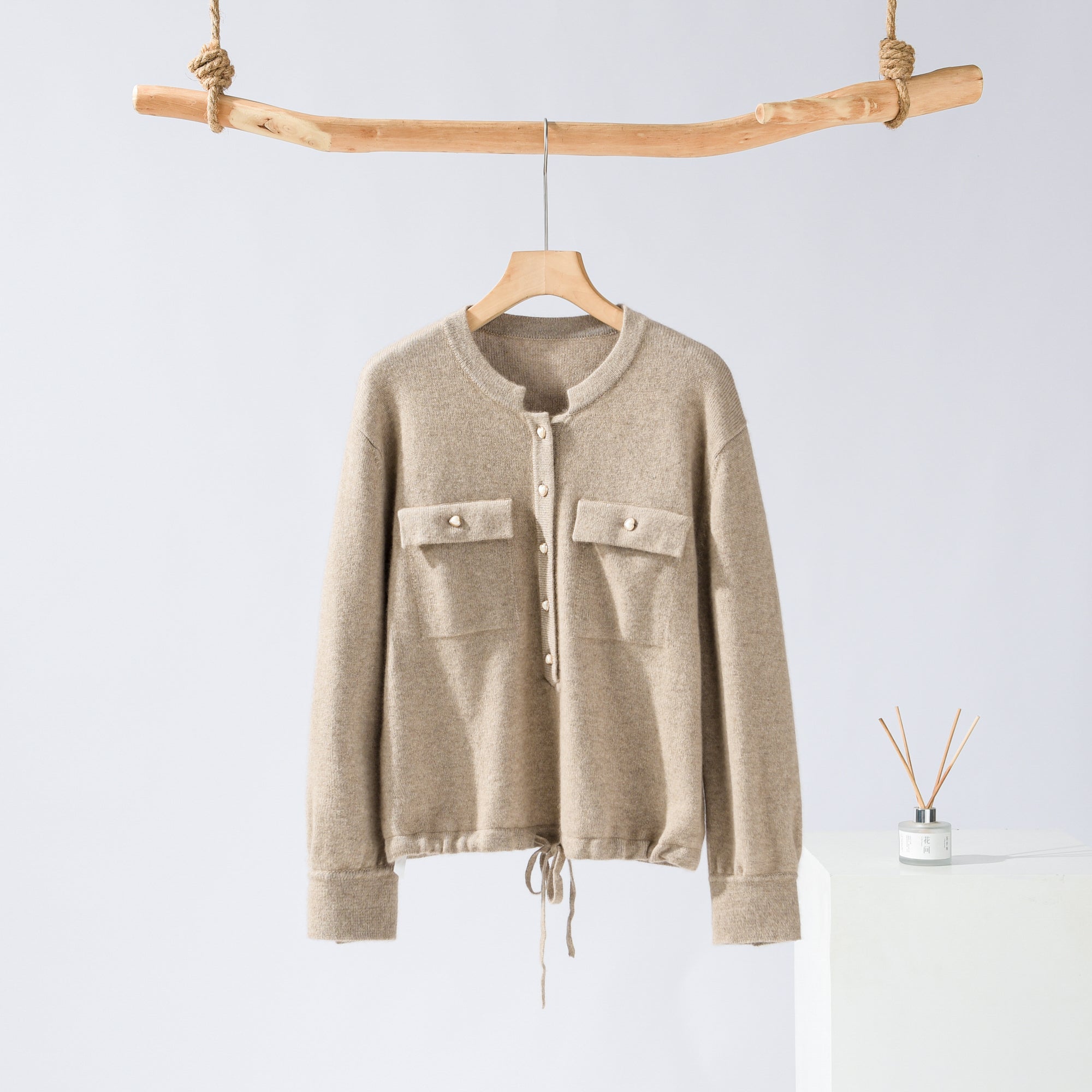 Round Neck Decorative Button Thick Pullover Knitted Wide Leg Pants