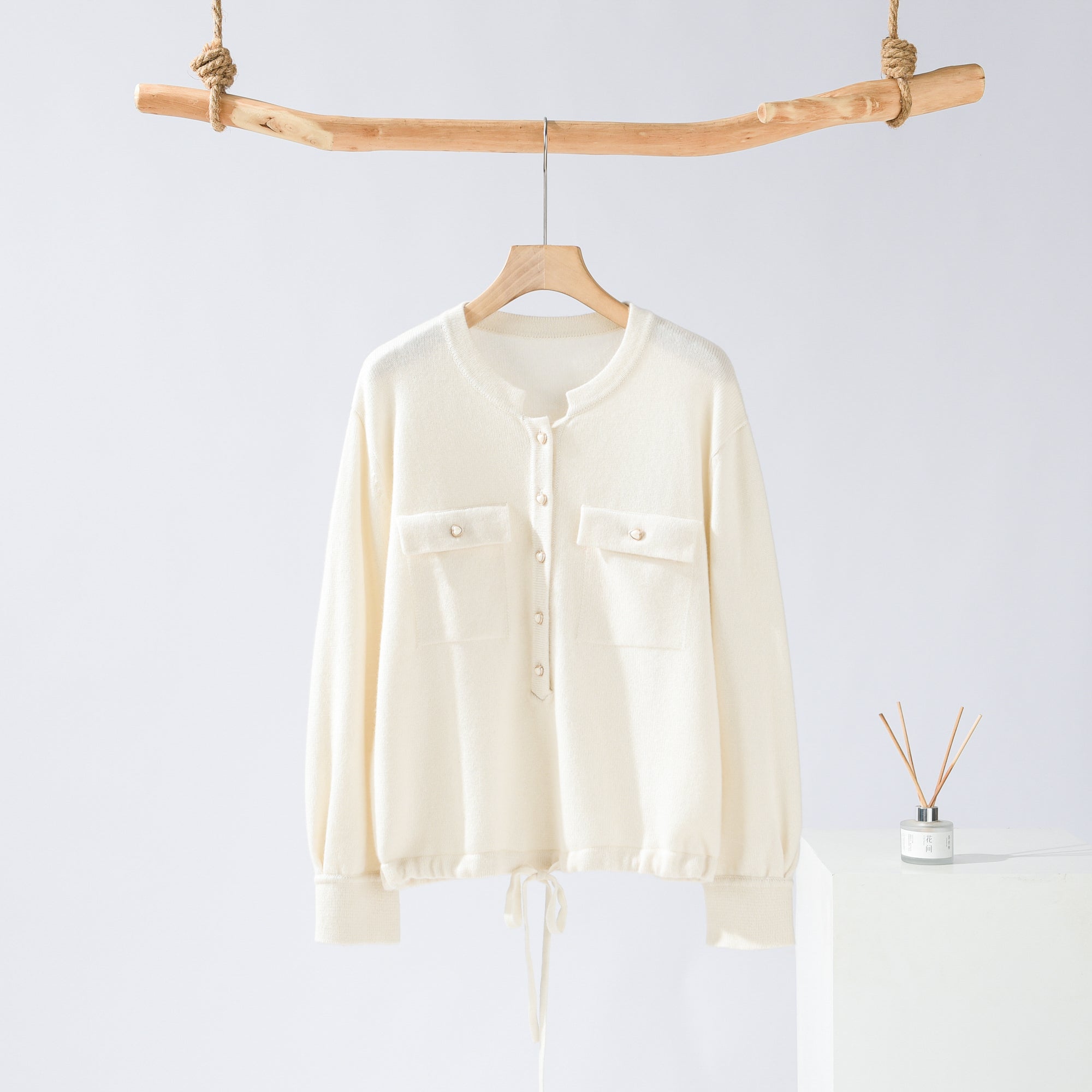 Round Neck Decorative Button Thick Pullover Knitted Wide Leg Pants