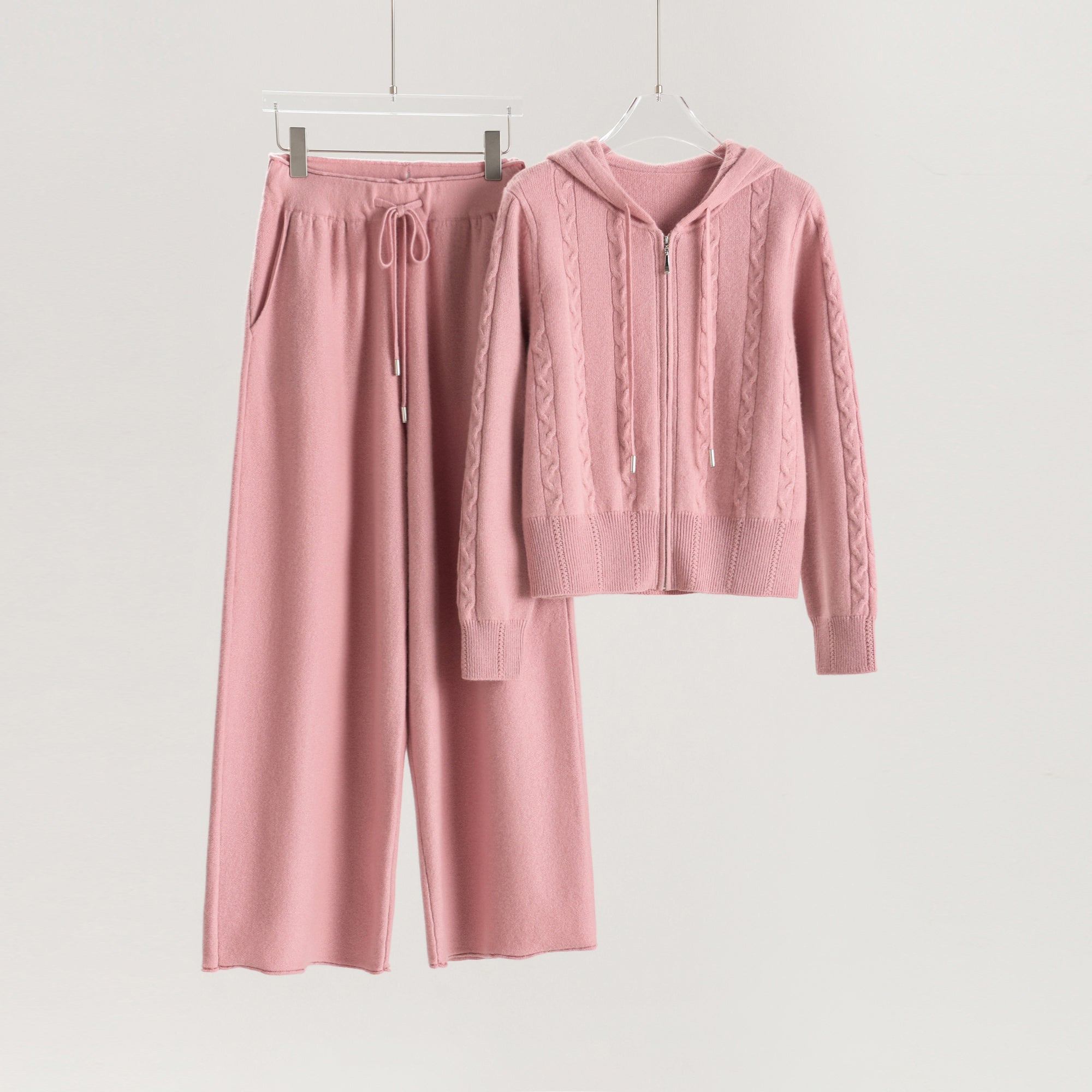 Hooded Cable Zip-Up Cardigan Loose Pants
