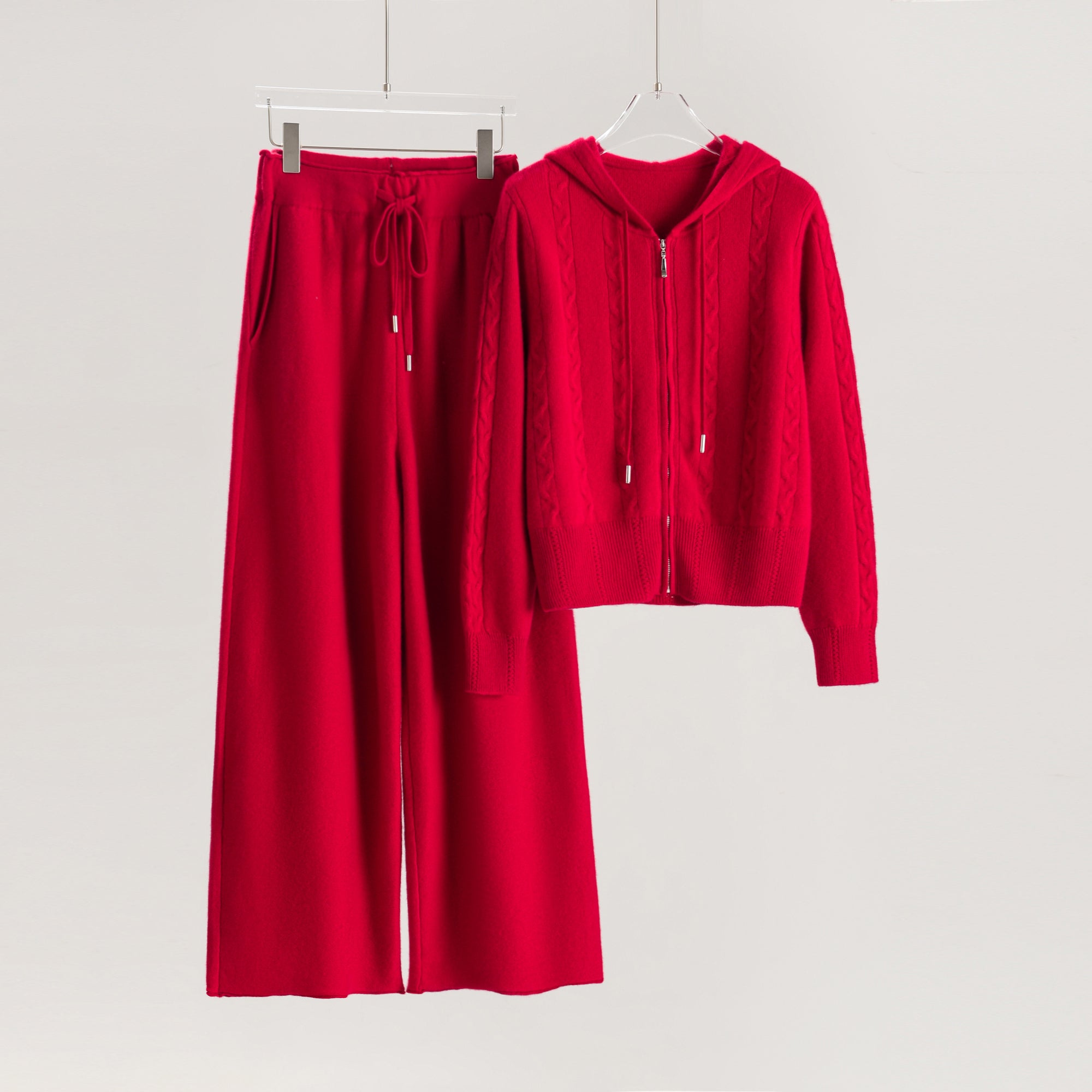 Hooded Cable Zip-Up Cardigan Loose Pants