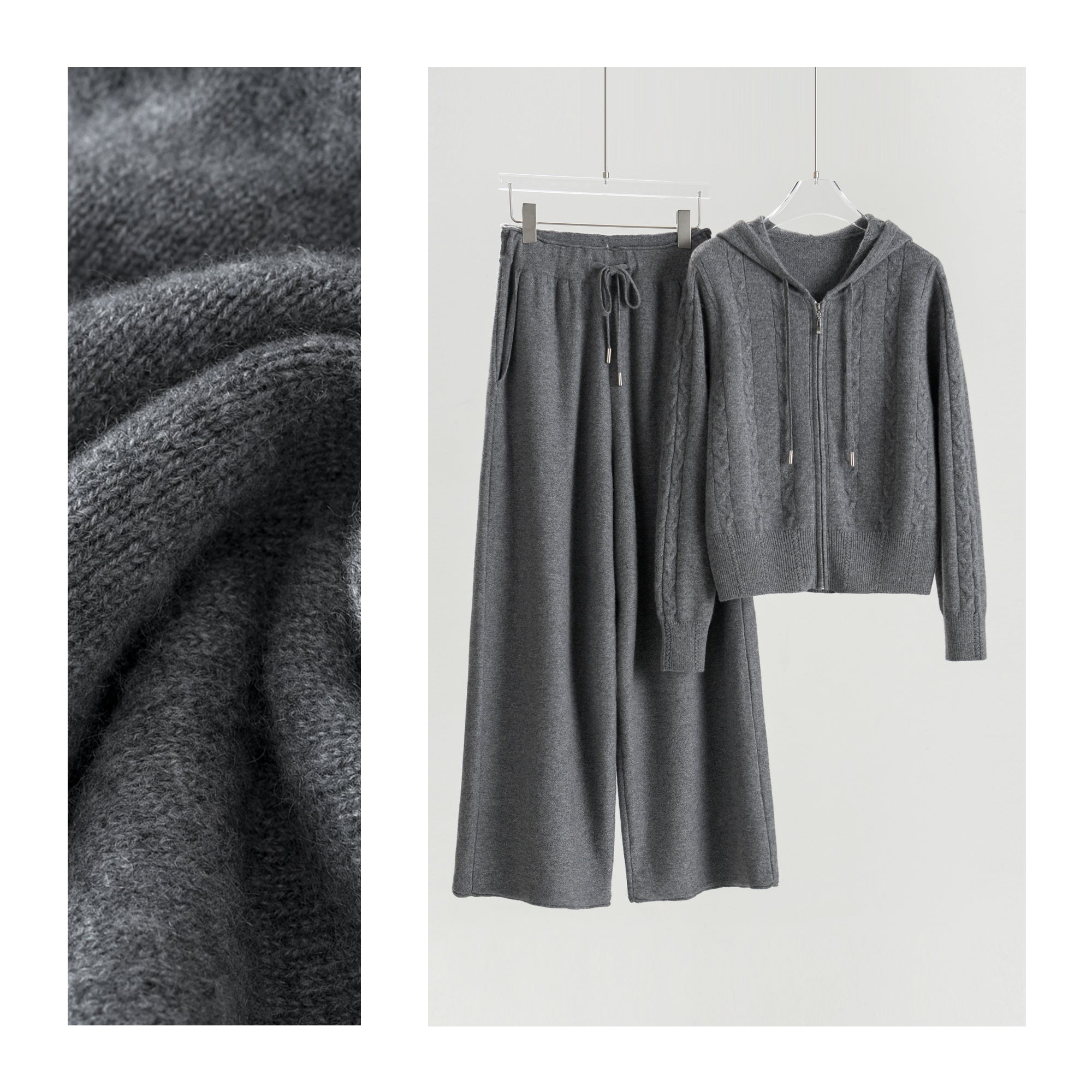Hooded Cable Zip-Up Cardigan Loose Pants