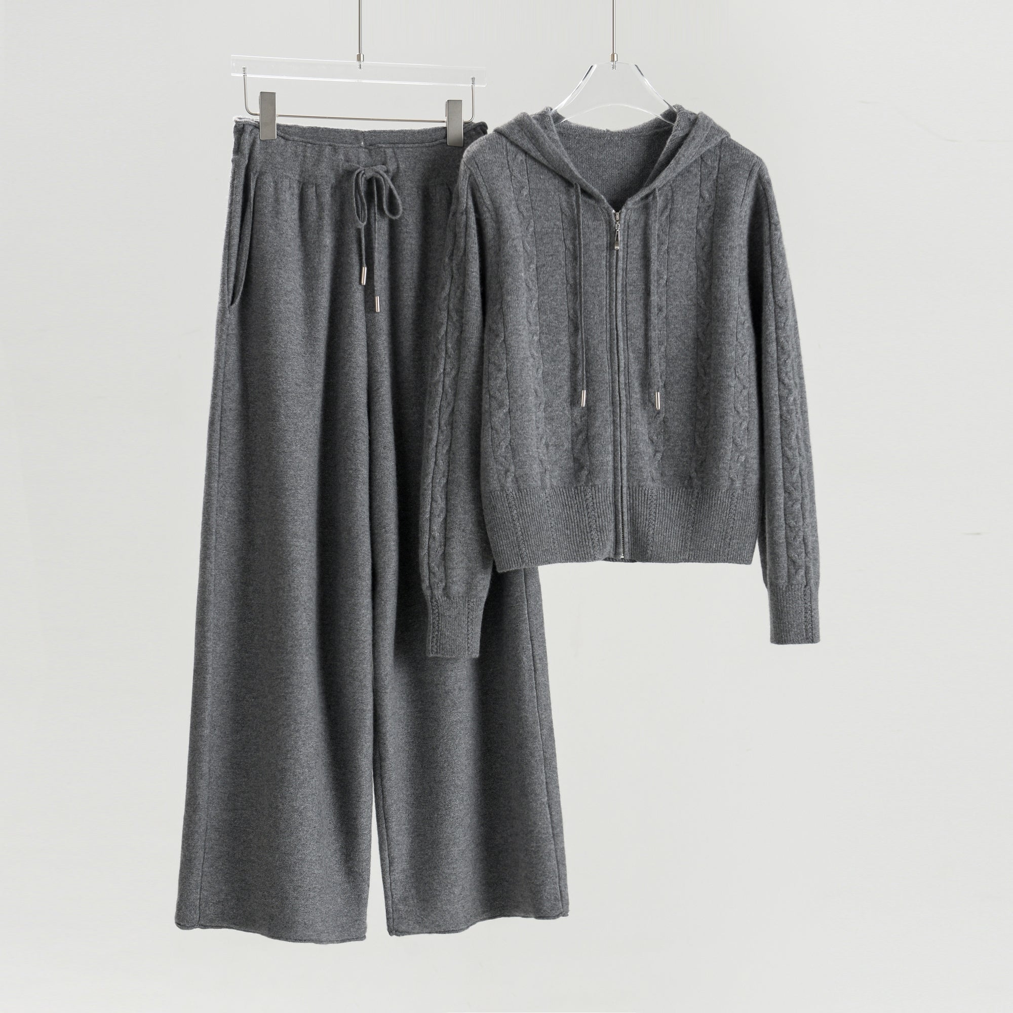 Hooded Cable Zip-Up Cardigan Loose Pants