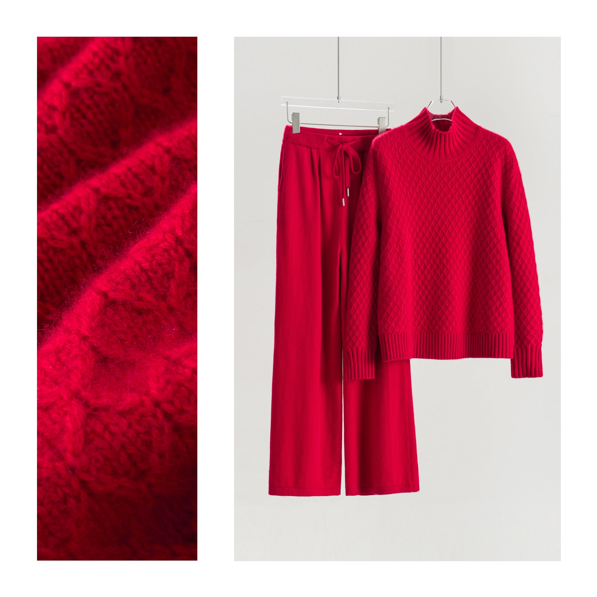 Turtleneck Sweater with Floral Pattern and Single-Sided Casual Pants