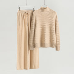Turtleneck Sweater with Floral Pattern and Single-Sided Casual Pants