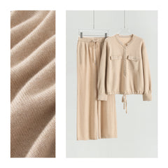Round Neck Decorative Button Thick Pullover Knitted Wide Leg Pants