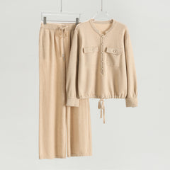 Round Neck Decorative Button Thick Pullover Knitted Wide Leg Pants