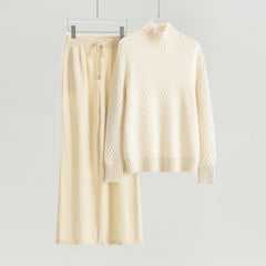 Turtleneck Sweater with Floral Pattern and Single-Sided Casual Pants