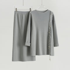 Boat Neck Pullover Slit Straight Skirt