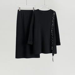 Boat Neck Pullover Slit Straight Skirt