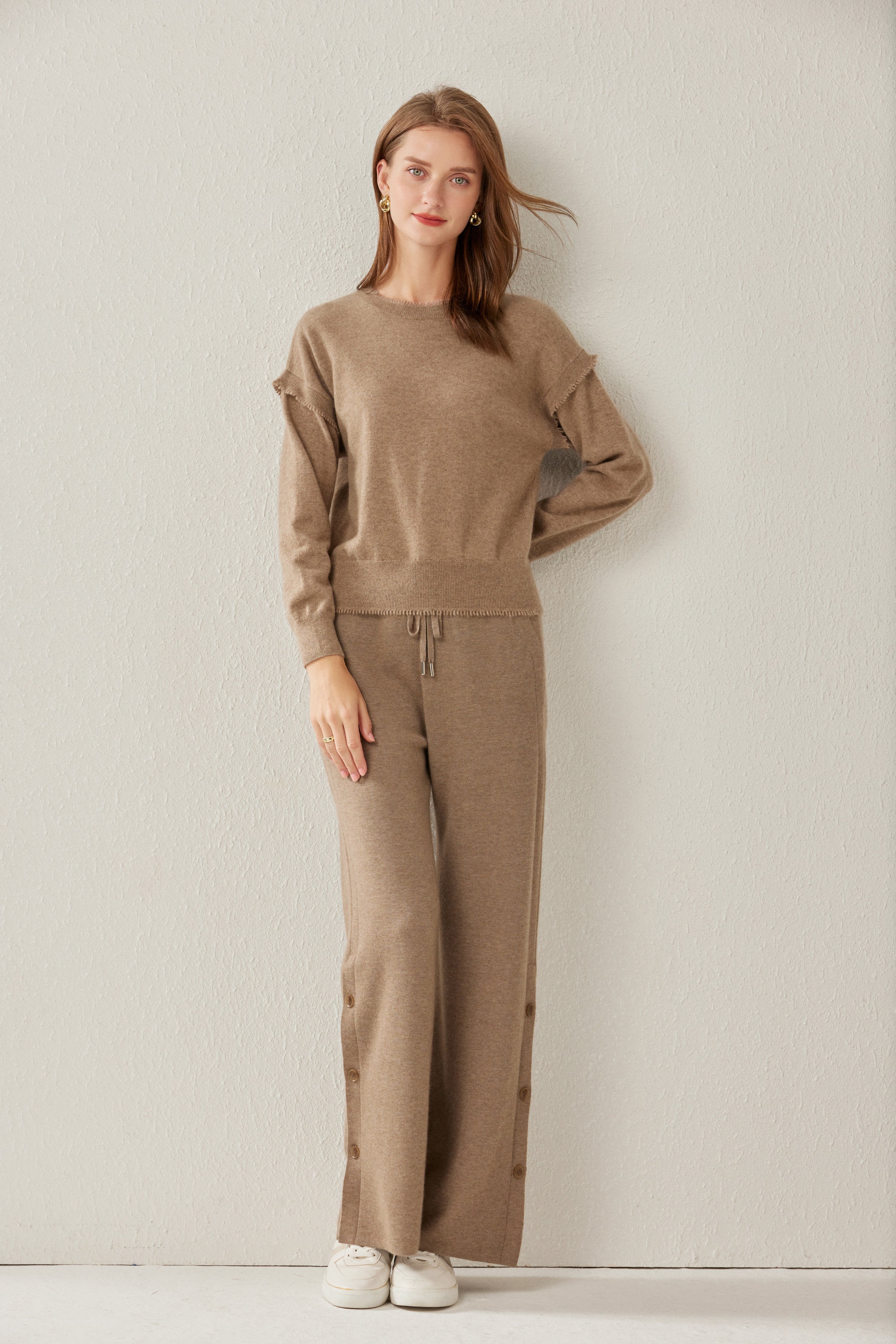 Crew Neck Pullover Wide Leg Pants Suit