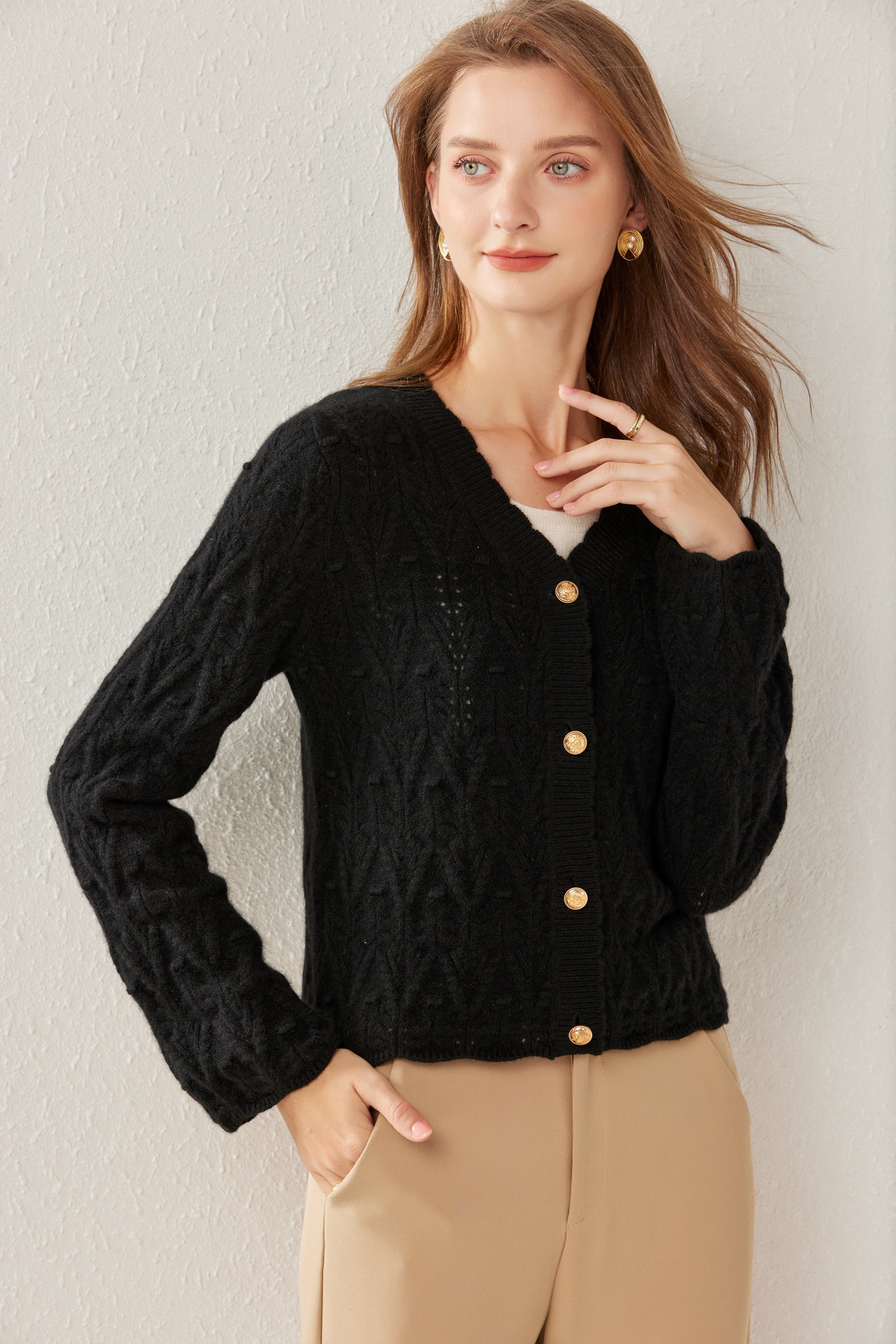 V-Neck Thickened Mesh Cable Cardigan
