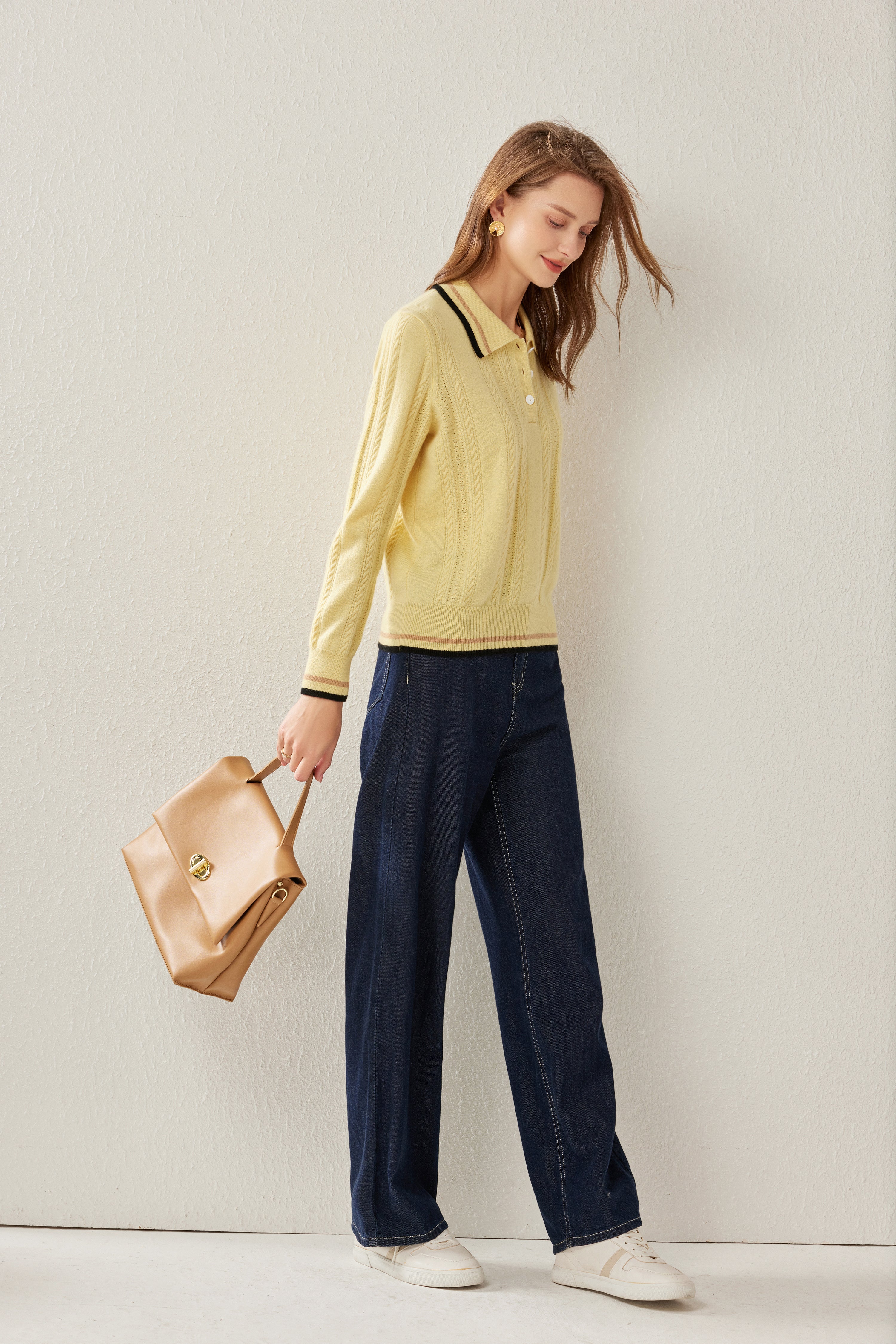 T-shirt Collar Cable-knit Sweatshirt
